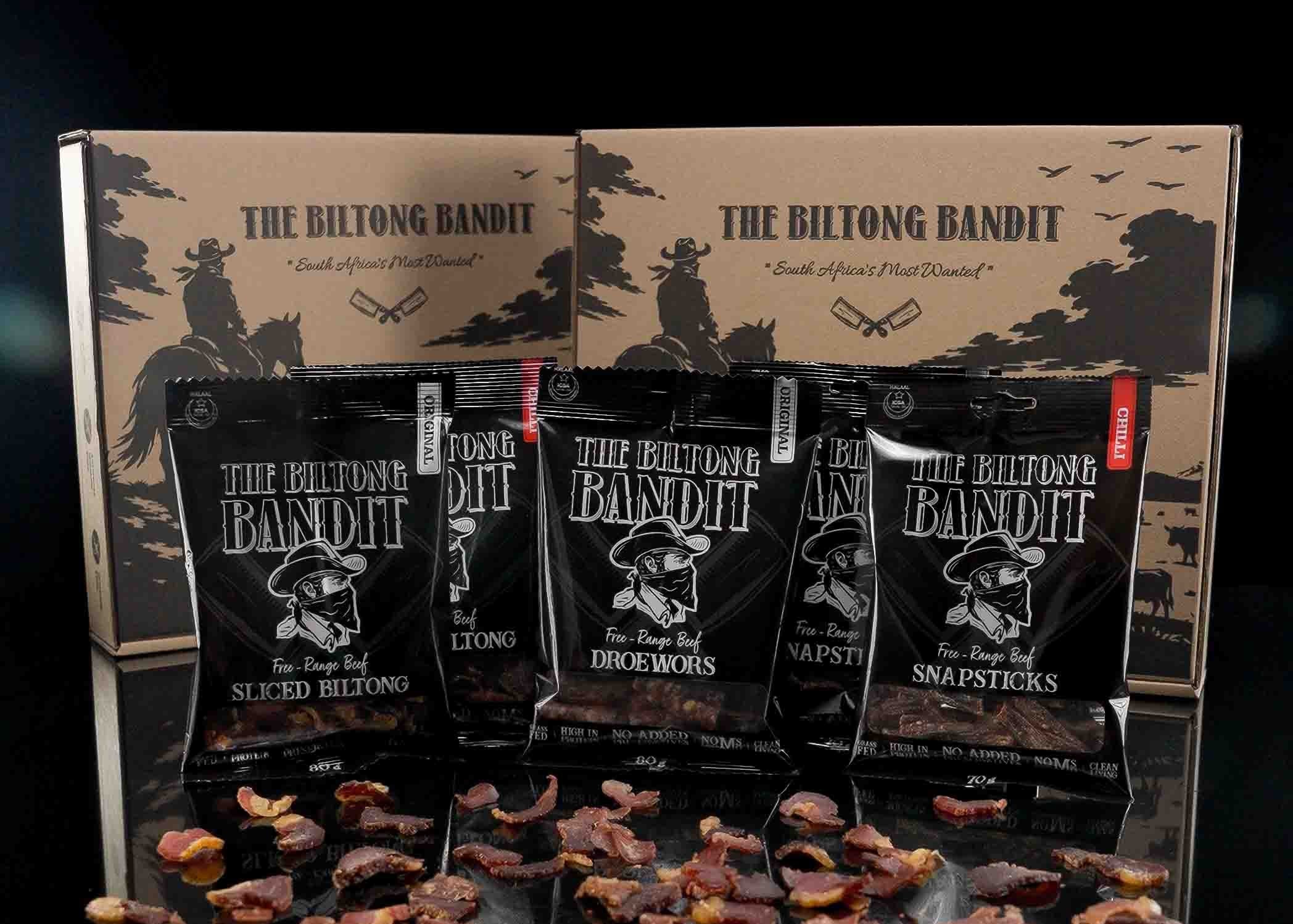 The Biltong Bandit retail range with premium grass-fed biltong box